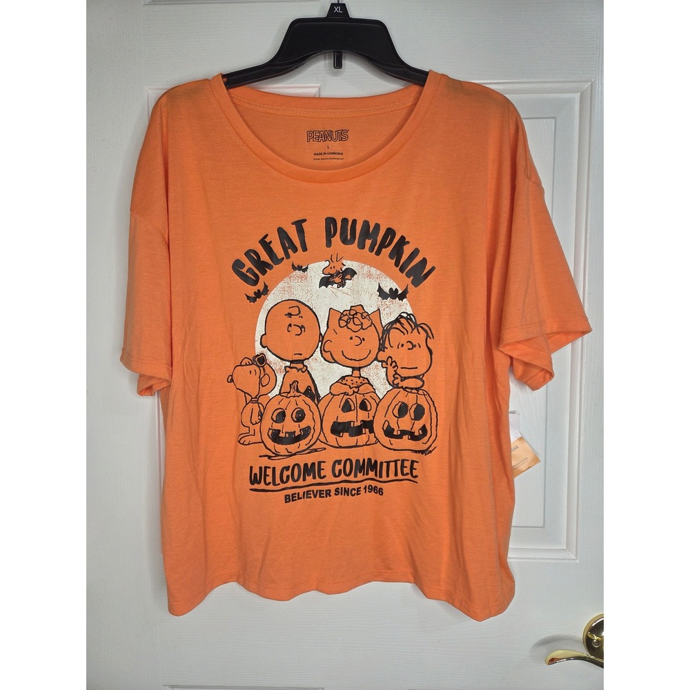 Peanuts Great Pumpkin Welcome Committee Graphic Tee Orange Halloween Large NEW